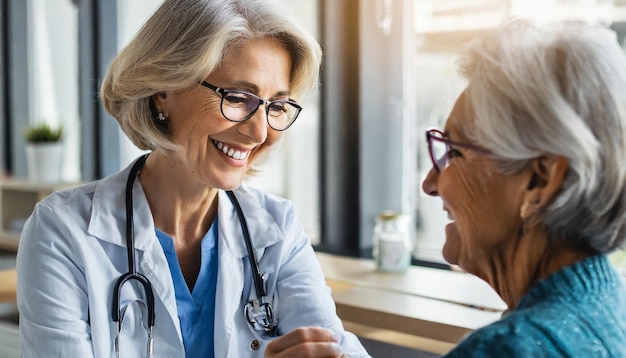 Photo patient âgé heureux avec un examen de santé médicale avec un cardiologue ou un gériatre