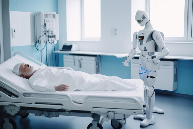 Patient allongé dans un lit d'hôpital entouré de robots médicaux Generative AI