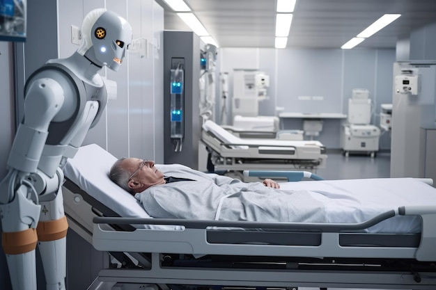 Patient allongé dans un lit d'hôpital entouré de robots médicaux Generative AI