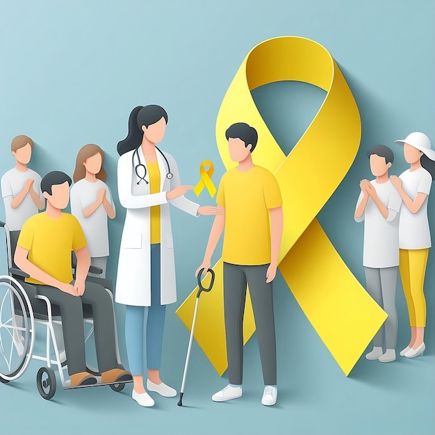Patient avec conscience jaune du ruban dans la main et encourager les autres Journée mondiale du cancer dans le vecteur
