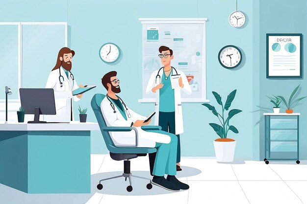 Le patient dans le cabinet du médecin Visite du médecin Consultation clinique moderne Diagnostique vectorielle Illustration carrée Cartoon rendez-vous des médecins