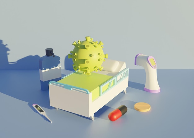 Patient du virus corona covid avec lit et quelques médicaments. Rendu d'illustration 3D