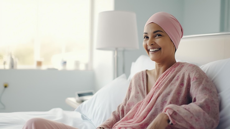 Photo un patient indien atteint de cancer est assis sur un lit avec des bandeaux sur la tête.