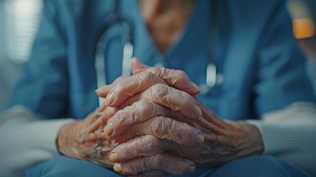 Une patiente âgée atteinte de cancer vêtue d'un uniforme est encouragée par le médecin qui la tient par la main.