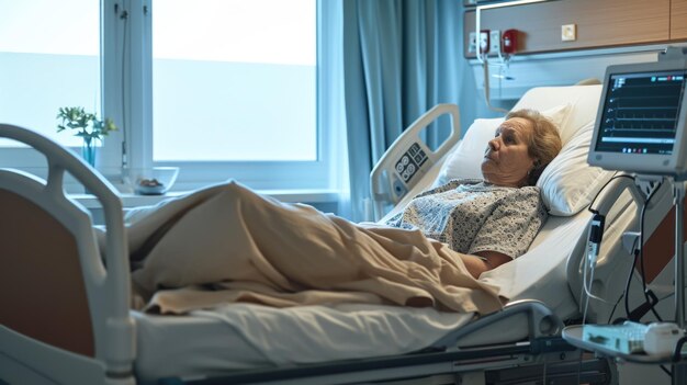 Photo patiente âgée dans un lit d'hôpital avec un équipement de surveillance