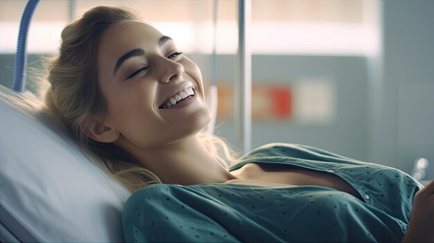 Une patiente allongée, satisfaite, souriante sur un lit d'hôpital moderne.