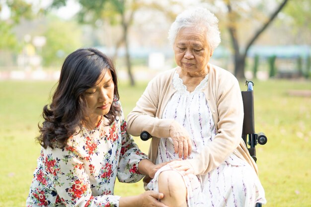 Patiente asiatique senior en fauteuil roulant dans le parc