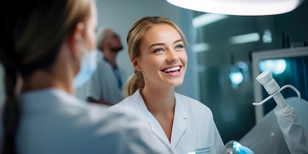 une patiente heureuse vérifiant son sourire après s'être brossé les dents en consultant un dentiste