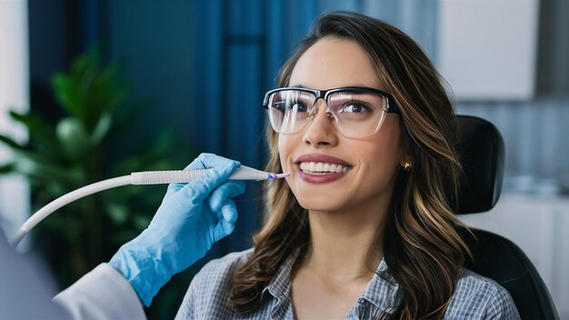 Patiente portant des lunettes de protection de sécurité qui subit un blanchiment des dents au laser dans une clinique