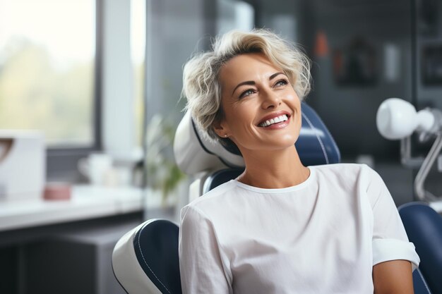 Photo une patiente souriante dans un cabinet dentaire