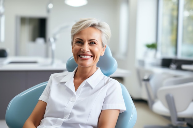 Une patiente souriante dans un cabinet dentaire