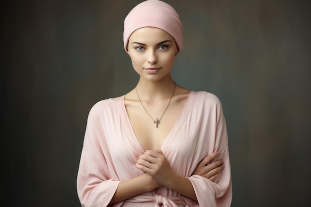 Patiente souriante portant une chemise rose avec un cancer