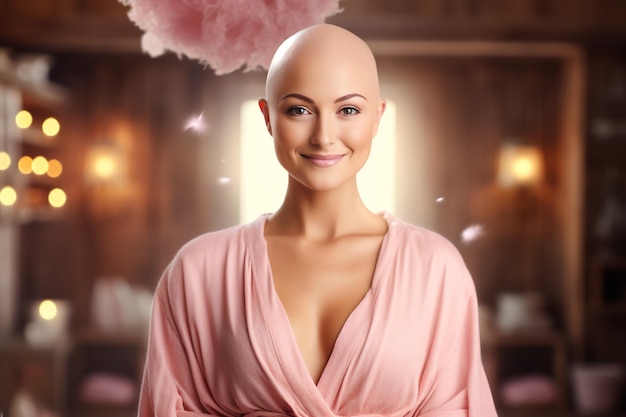 Patiente souriante portant une chemise rose avec un cancer