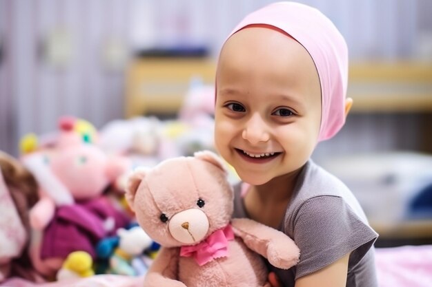 Une patiente souriante avec son ours au lit de l'hôpital.