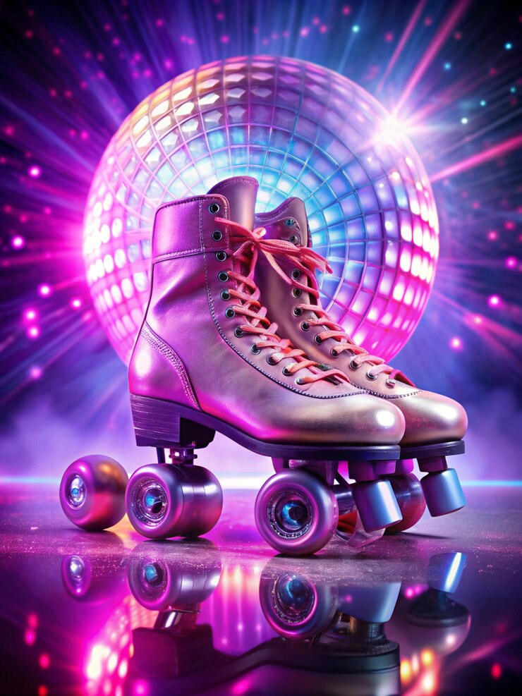 un patin à roulettes avec une balle de disco violette et une paire de rouleaux