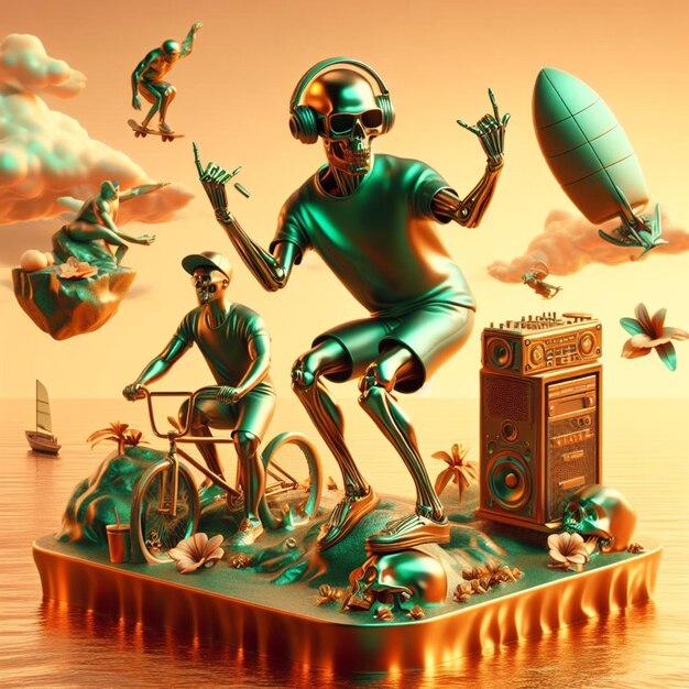 patineur steampunk à la mode cool deejay alien mariachi organisant une fête sur une île tropicale au coucher du soleil