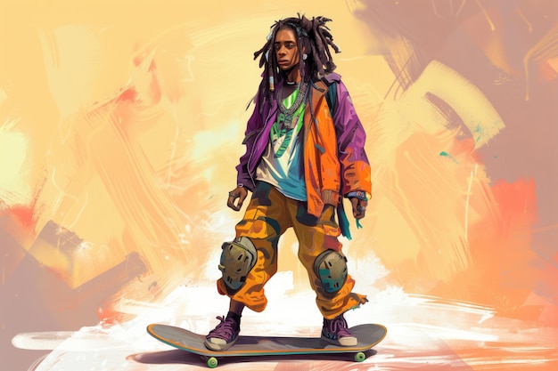 Patineuse de dessins animés avec de longs dreadlocks