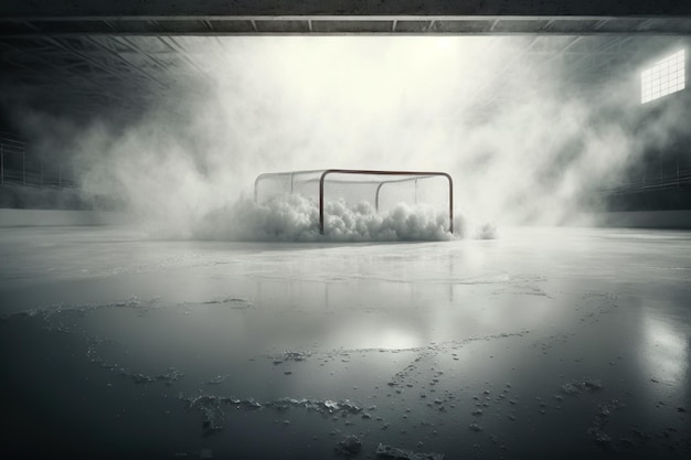 Patinoire couverte avec brouillard et vapeur vide sans joueurs et arène pour les spectateurs sophistiqués illuminés avant les matchs de hockey et de patinage artistique AI générative