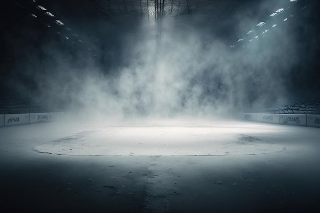 Photo patinoire couverte avec brouillard et vapeur vide sans joueurs et arène pour les spectateurs sophistiqués illuminés avant les matchs de hockey et de patinage artistique ai générative