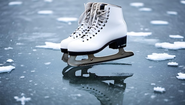 Photo patins à glace blancs sur la glace en hiver closeup