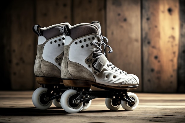 Patins à roulettes dans une paire sur un fond de bois