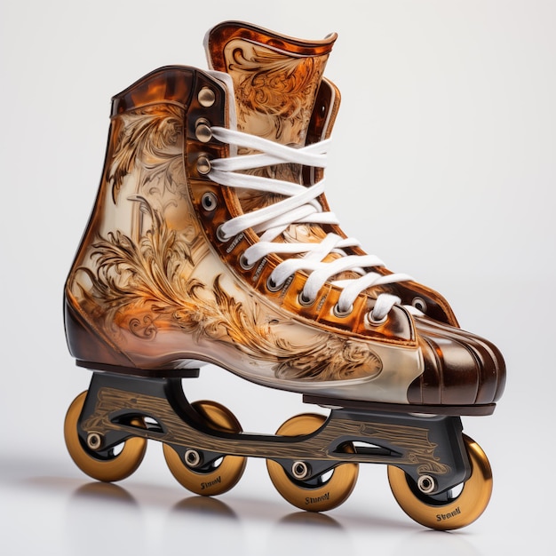 Des patins à roulettes dorés de luxe isolés sur un fond blanc