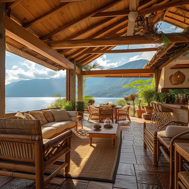 Un patio en bois couvert avec une table et des chaises