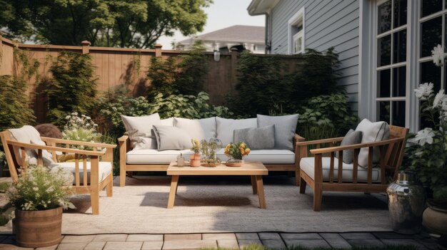 Un patio avec un canapé, une table et des chaises