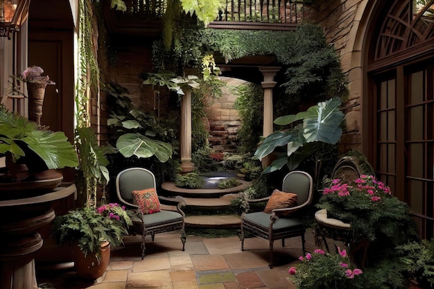 Patio avec cascade et verdure luxuriante pour un cadre paisible créé avec une IA générative