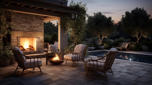 Un patio confortable avec des meubles de jardin, une piscine et une cheminée extérieure.