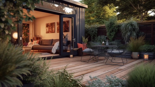 Patio cosy avec mobilier de jardin, portes coulissantes et terrasse Generative AI