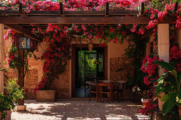 Un patio couvert de fleurs roses et de verdure