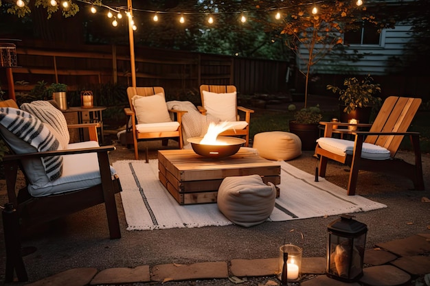 Patio extérieur confortable avec des lanternes de foyer et des couvertures chaudes pour une soirée agréable