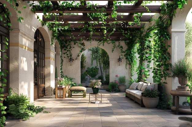 Patio extérieur d'inspiration italienne avec pergola