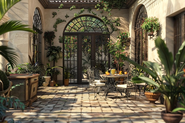 Patio extérieur d'inspiration méditerranéenne avec revêtement de carreaux