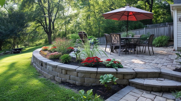 Un patio de jardin luxuriant avec des pavés en briques et des meubles de salle à manger