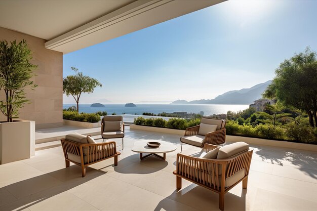 Patio de la luxueuse villa avec vue sur la mer et les montagnes en arrière-plan