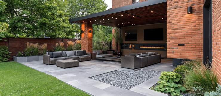Photo un patio moderne avec des canapés gris et une cheminée sous une pergole avec des lumières à cordes