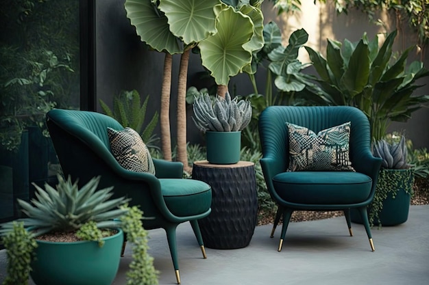 Patio moderne avec fauteuils vert foncé et décor sous forme de plantes créées avec ai générative