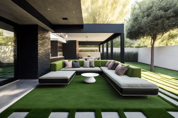 Patio moderne privé avec herbe verte et canapés confortables créés avec une IA générative