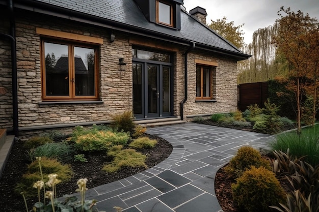 Un patio en pierre avec une table et des chaises noires devant une maison.