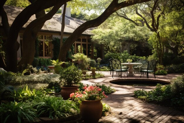 Un patio avec une table et des chaises entouré d'arbres