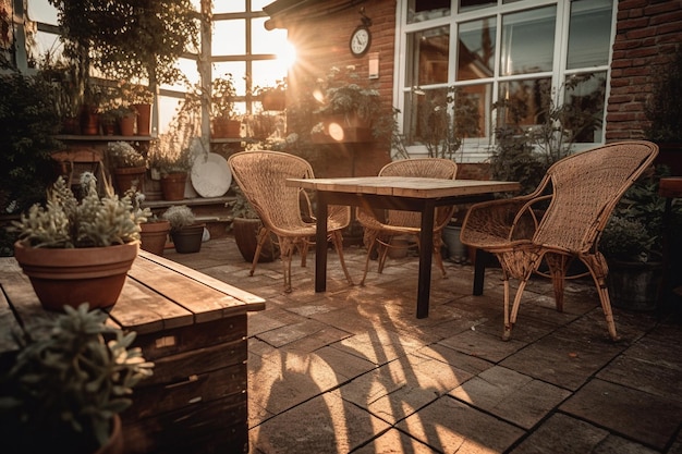 Un patio avec une table et des chaises et une horloge au mur