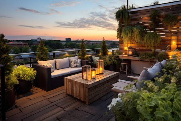 Un patio sur le toit confortablement surélevé orné de meubles de palettes rustiques, un jardin vertical et un...