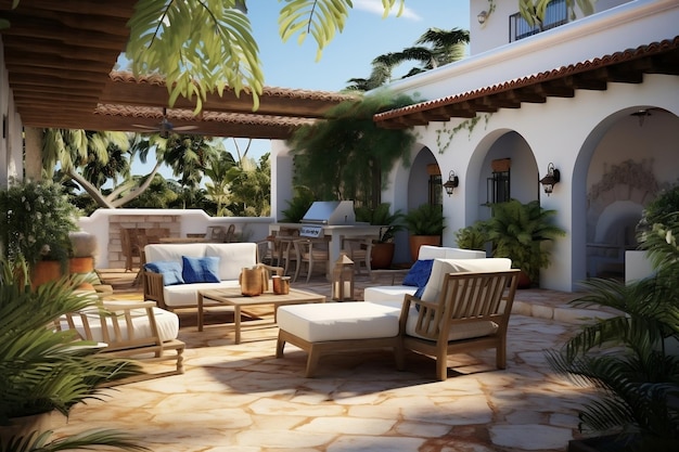Patio de villa de retraite de relaxation avec foyer et sièges génératifs par Ai