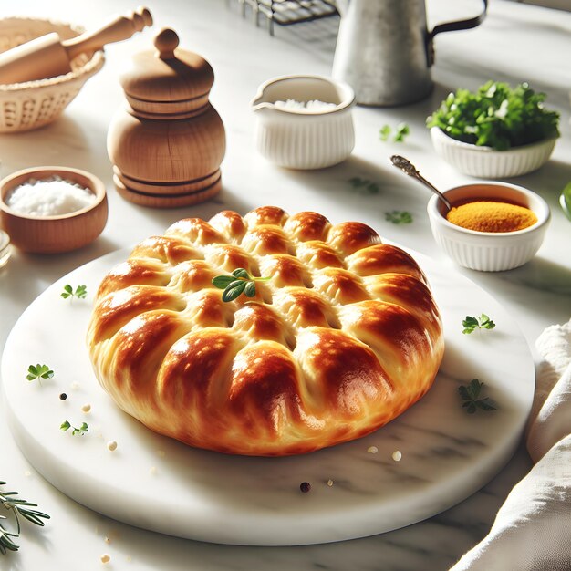 une pâtisserie sur une assiette avec une feuille verte dessus