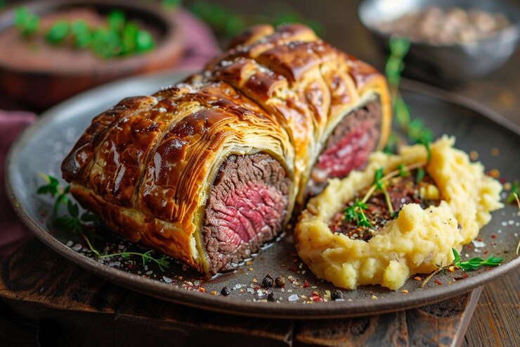 Photo pâtisserie au bœuf wellington avec pommes de terre en mousse sur une assiette rustique