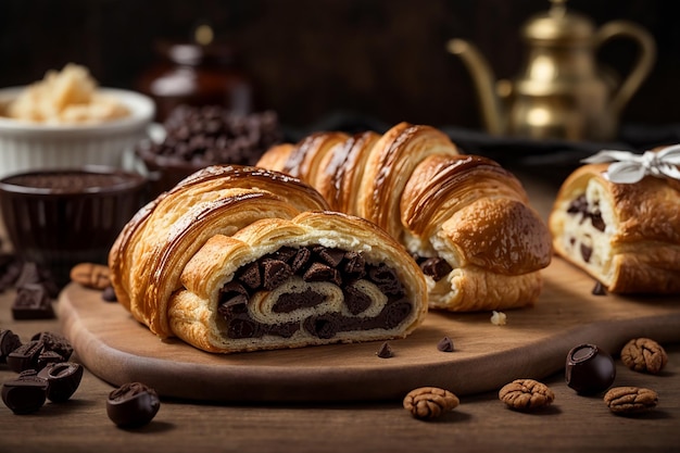 Pâtisserie au chocolat croissant au chocolat et rouleau de raisins secs