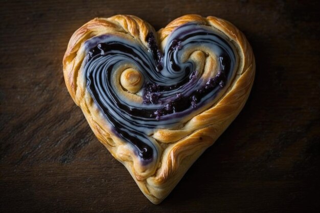 Pâtisserie danoise en forme de cœur avec une garniture de bleuets créée avec de l'ai génératif