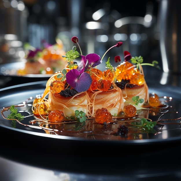 Une pâtisserie avec des fleurs est posée sur une table.